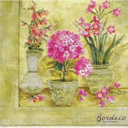 Serwetka decoupage seria AHA różowe kwiaty w wazonach 33x33cm